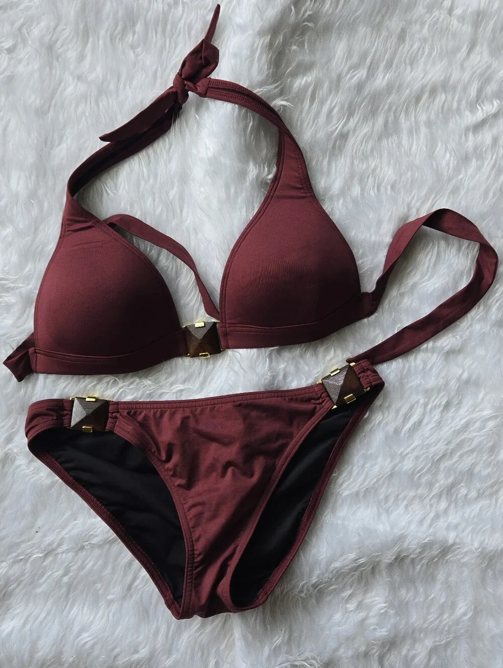 Victoria's Secret Maroon Brownish Halter Bikini Set with Gold Hardware Rare Find